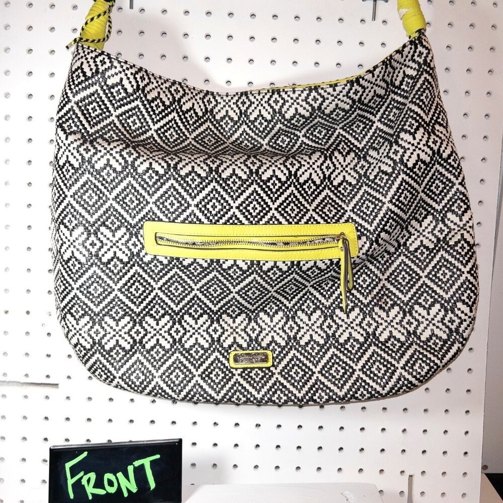 Jessica Simpson Large Hobo Handbag Black White Tribal Print Neon Yellow Zip